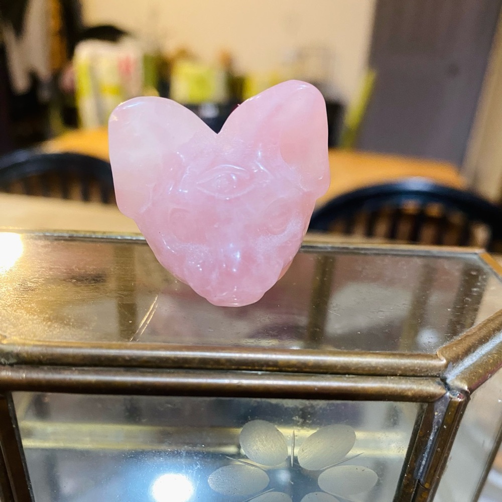 Rose quartz carved Cat with 3rd Eye  Pink crystal Figure